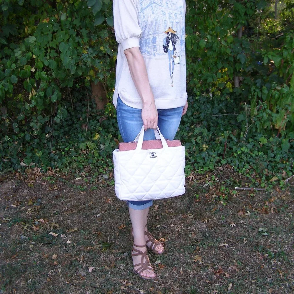 💖 CHANEL Portobello White Quilted Leather & Pink Suede Tote/Shoulder Bag